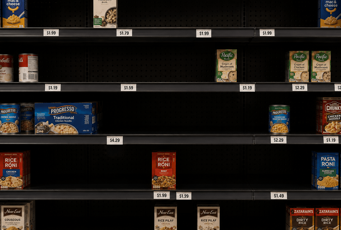 An empty shelf gap between products illustrating poor shelf visibility
