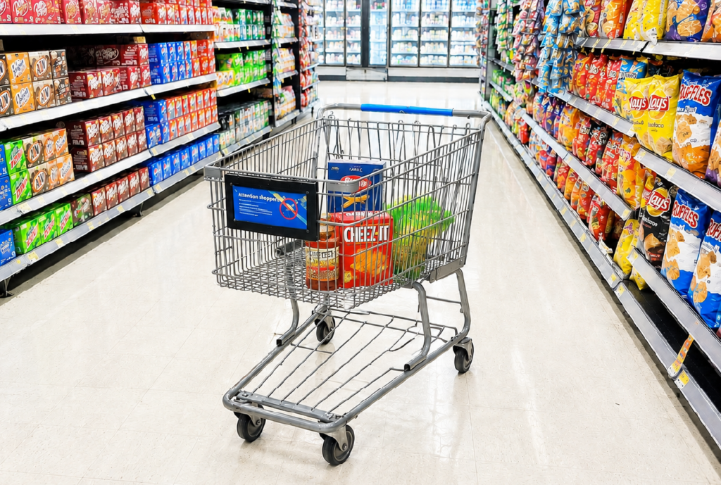 An unattended shopping basket in a retail aisle