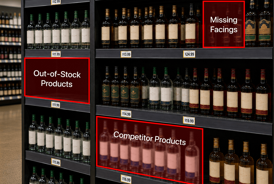 Liquor store shelf displaying merchandising and compliance issues including out-of-stocks, missing promotions, and misplaced products.