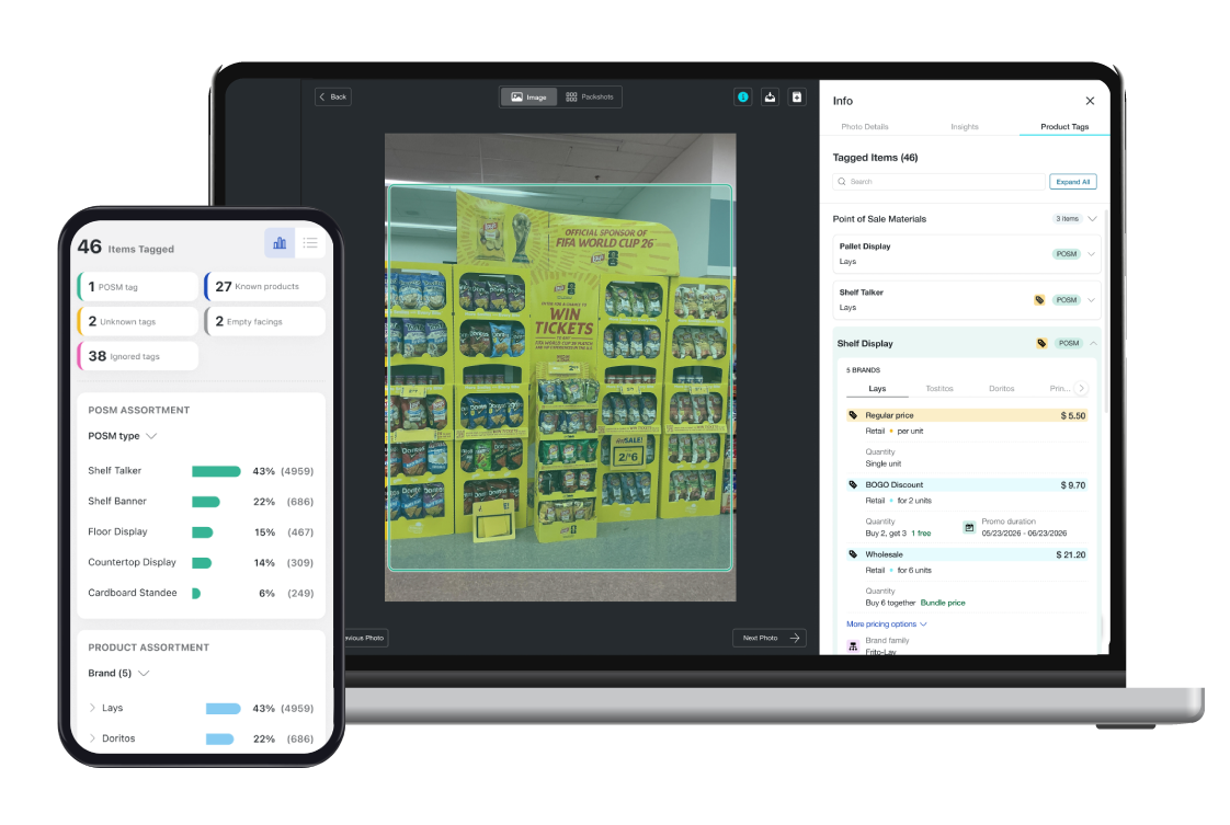 POSM compliance AI results across mobile and desktop reporting dashboard