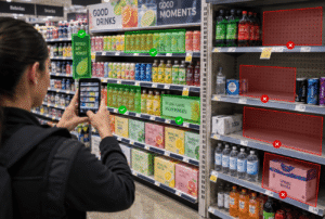 Field rep using retail execution software to identify shelf compliance issues and out-of-stock products in a grocery store.