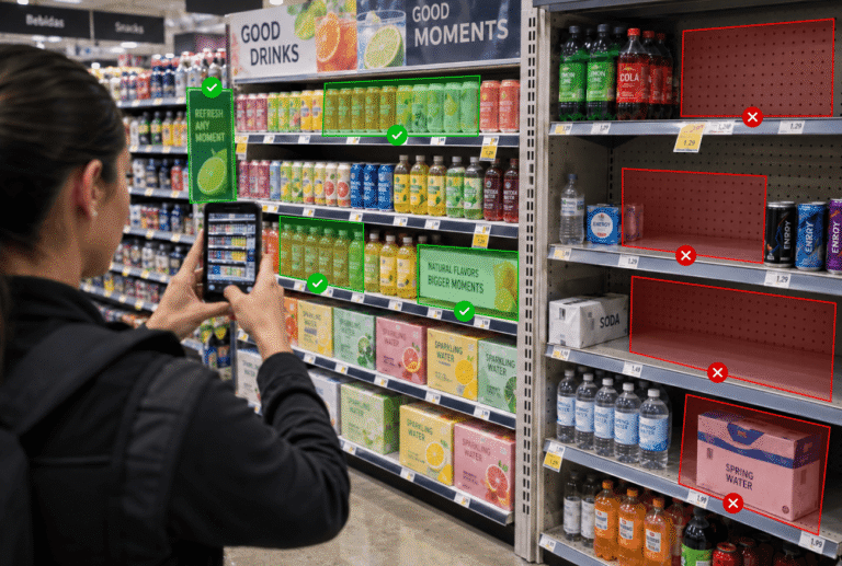 Field rep using retail execution software to identify shelf compliance issues and out-of-stock products in a grocery store.