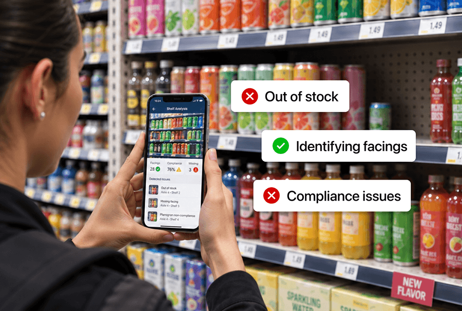 Field rep using AI image recognition technology to conduct a retail shelf audit in a grocery store.